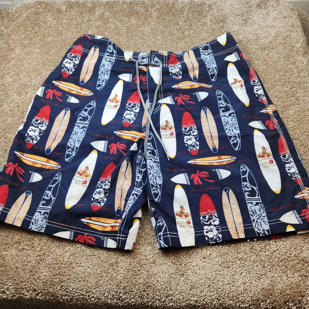 Nautica Men 36W Navy Surfboard Print Board Shorts Tropical Hula Girl Swim Trunks